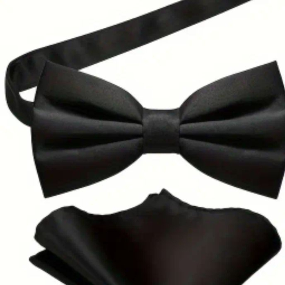 Elegant Black Bow Tie and Pocket Square Set Bundle Deal (New)